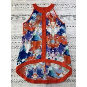 Nicole Miller XS Sleeveless Blouse Abstract Print Keyhole Back High Low Hem